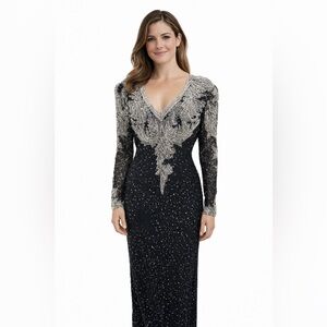 Vintage Fully Beaded Black Silver Evening Gown XL 14 Sequin‎ Long Dress A…